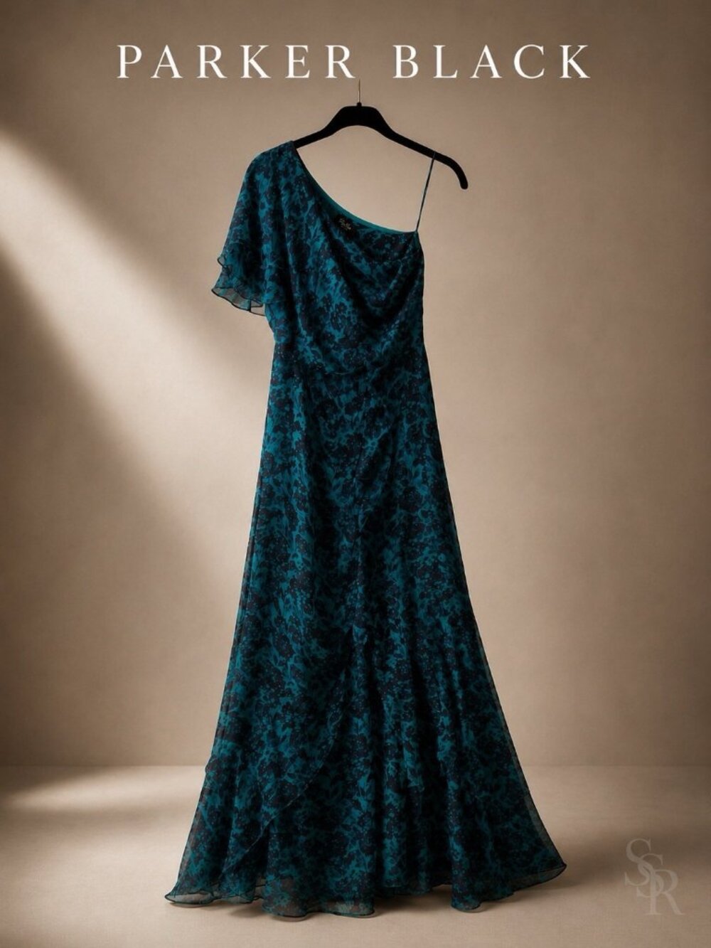 Parker Black Grace Ann Silk One Shoulder Gown Lagoon Flora Floral Dress Size 6